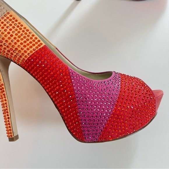 Platform Heels Enzo Angiolini 10 Barbie Peep Toe Stiletto Red Pink Orange - Picture 3 of 12